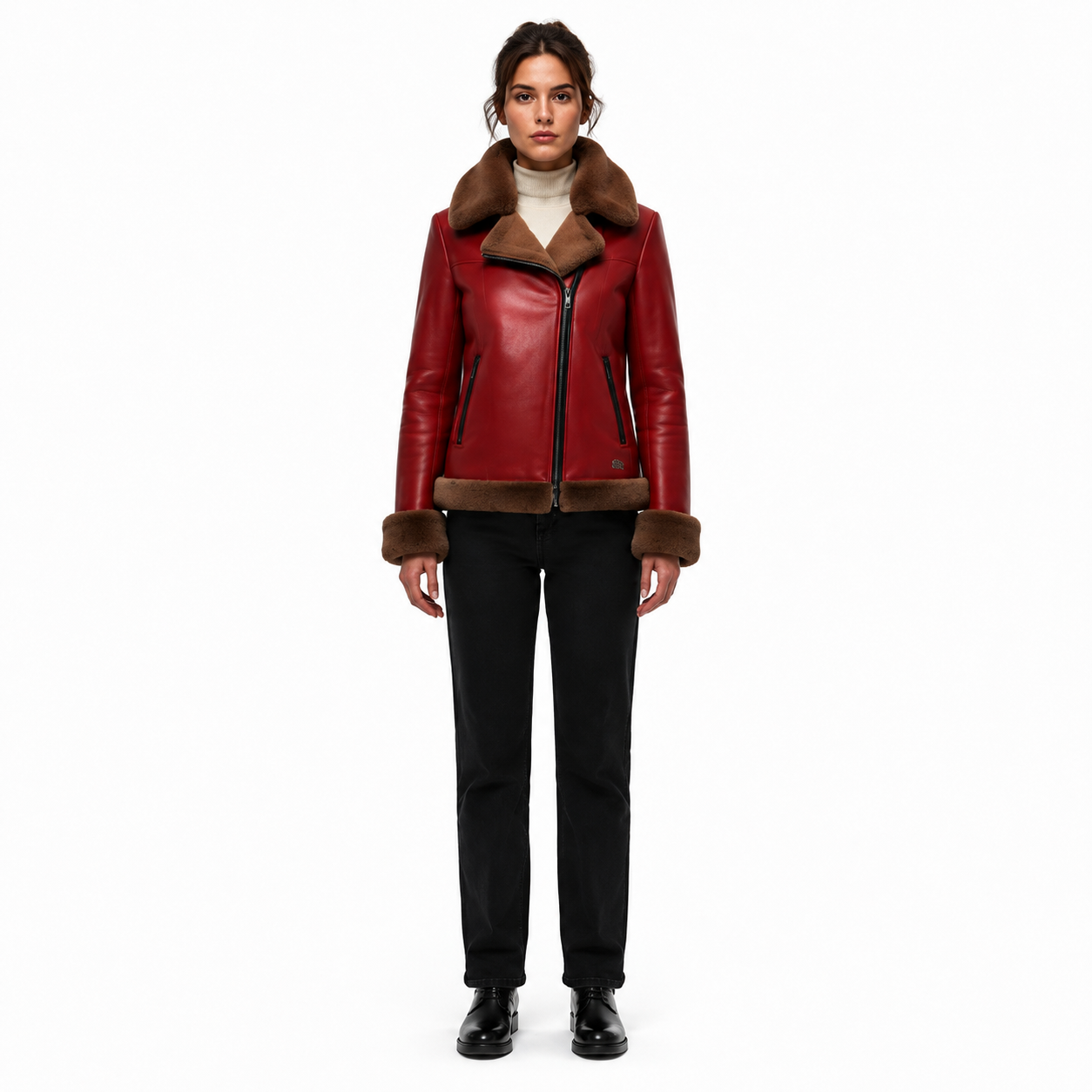 Women's Red Sheep Leather Shearling Aviator Jacket - Custom Leather Manufacturer Sialkot Pakistan