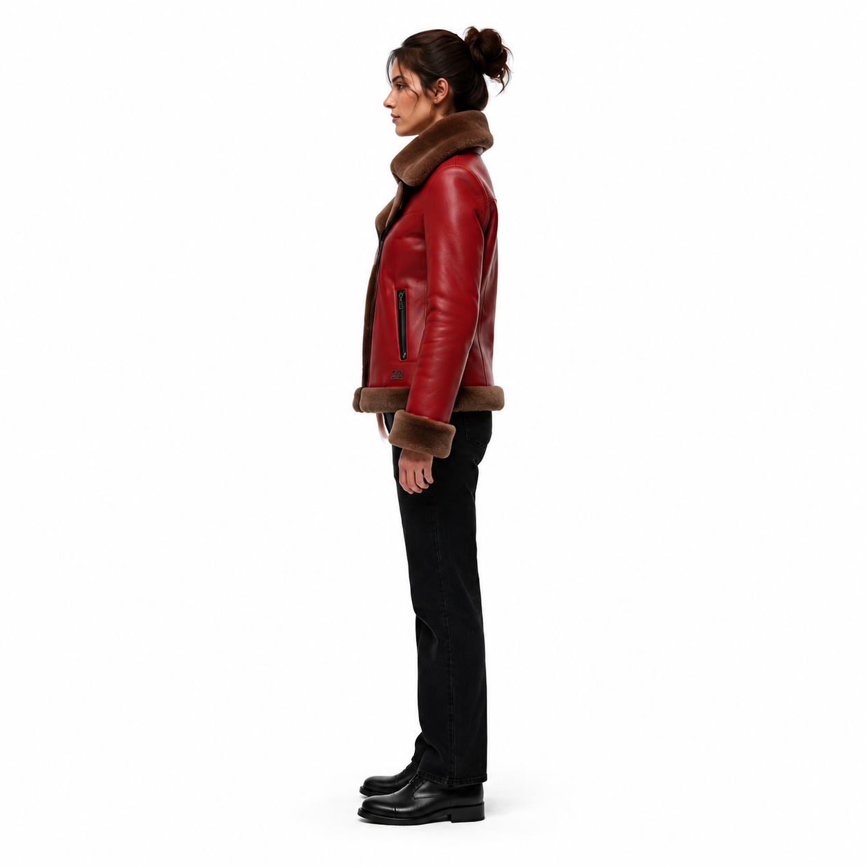 Women's Red Sheep Leather Shearling Aviator Jacket manufacturing detail 3