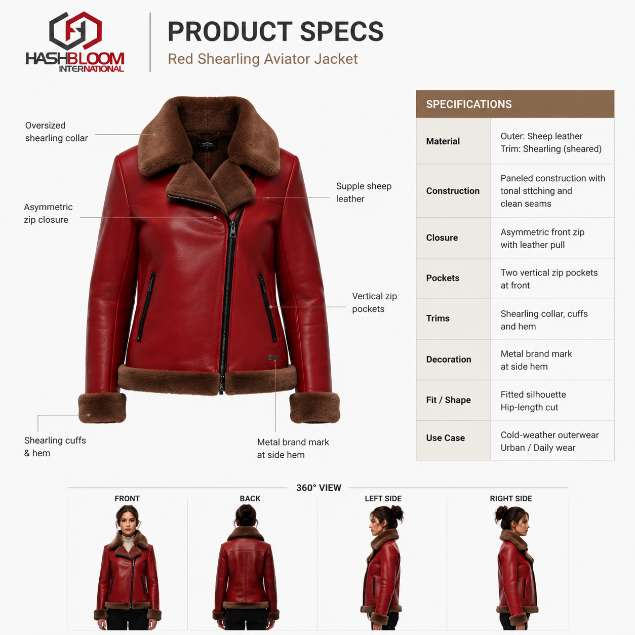 Women's Red Sheep Leather Shearling Aviator Jacket manufacturing detail 5