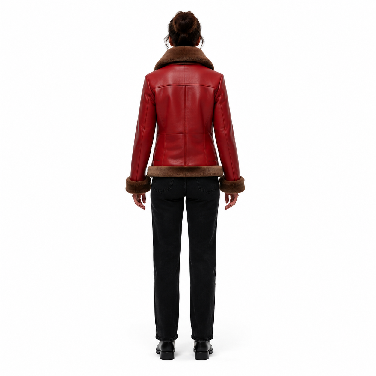 Women's Red Sheep Leather Shearling Aviator Jacket manufacturing detail 2