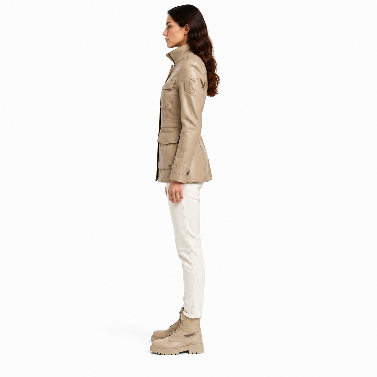 Women's Sand Lambskin Leather Safari Field Jacket manufacturing detail 3