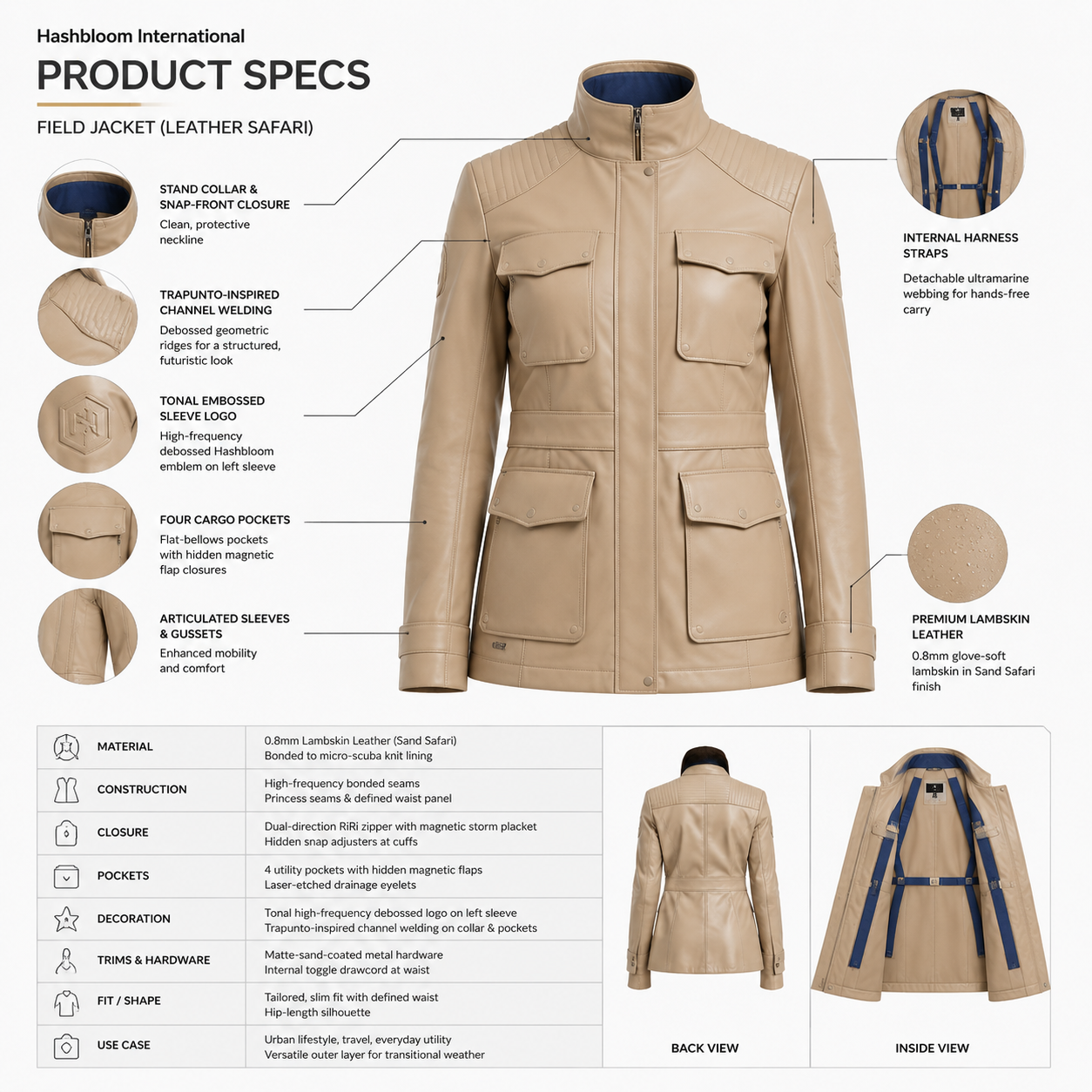 Women's Sand Lambskin Leather Safari Field Jacket manufacturing detail 4