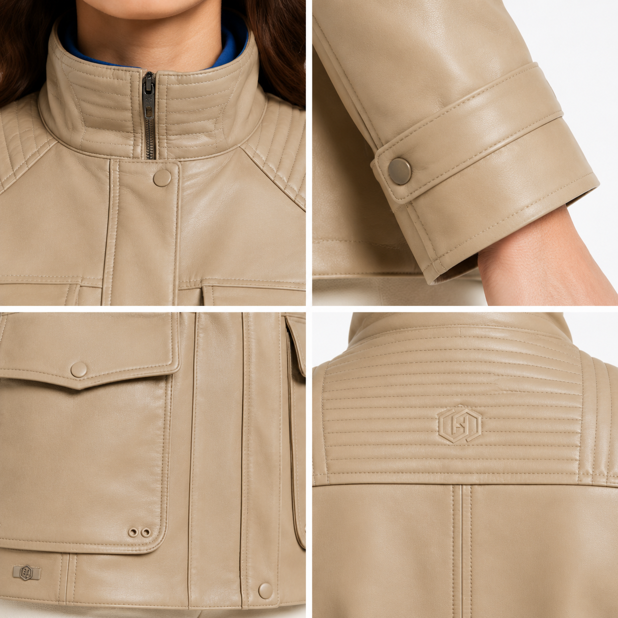 Women's Sand Lambskin Leather Safari Field Jacket manufacturing detail 5