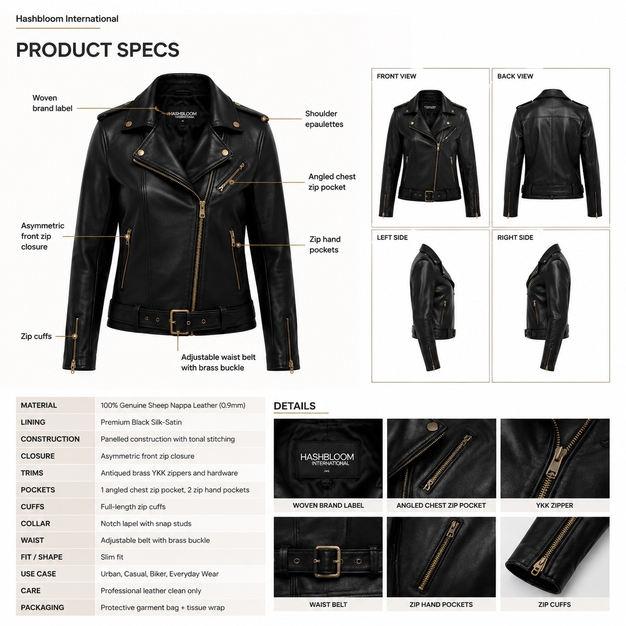Women's Sheep Nappa Asymmetric Biker Jacket manufacturing detail 5