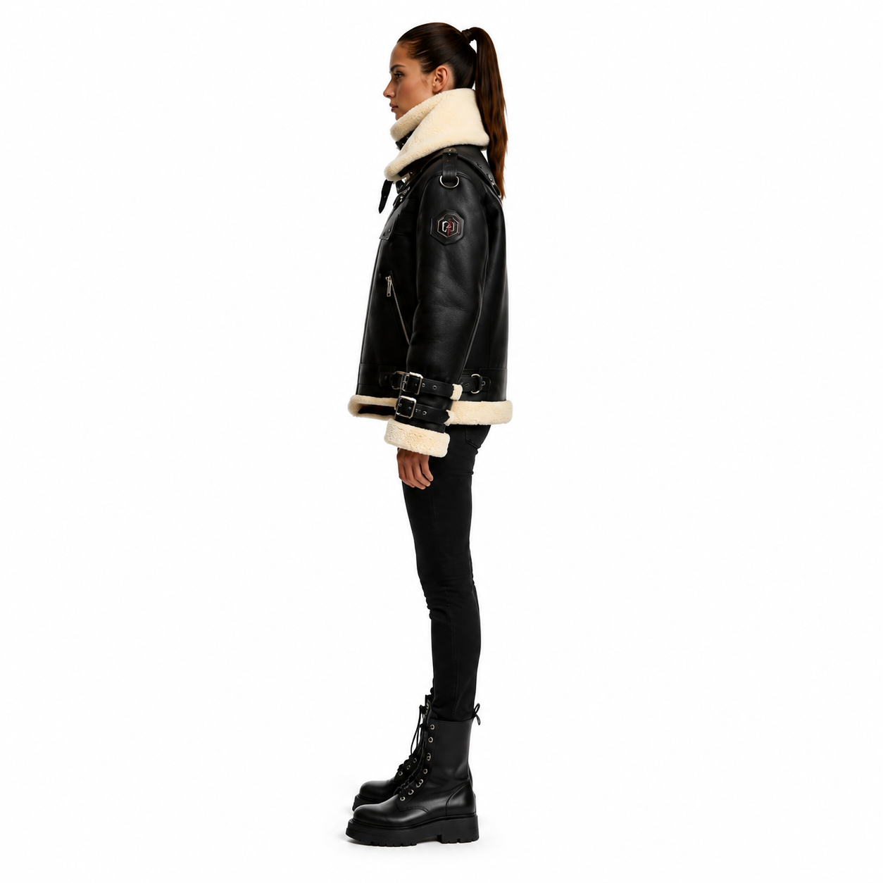 Women's Sheep Nappa Merino Shearling Aviator Jacket manufacturing detail 3