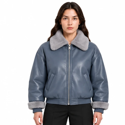 Women's Slate Blue Faux-Fur Sheep Leather Bomber Jacket - Custom Leather Manufacturer Sialkot Pakistan