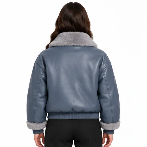 Women's Slate Blue Faux-Fur Sheep Leather Bomber Jacket manufacturing detail 2