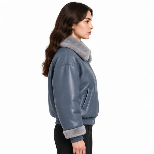 Women's Slate Blue Faux-Fur Sheep Leather Bomber Jacket manufacturing detail 3