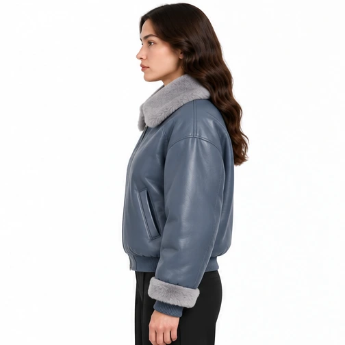 Women's Slate Blue Faux-Fur Sheep Leather Bomber Jacket manufacturing detail 4