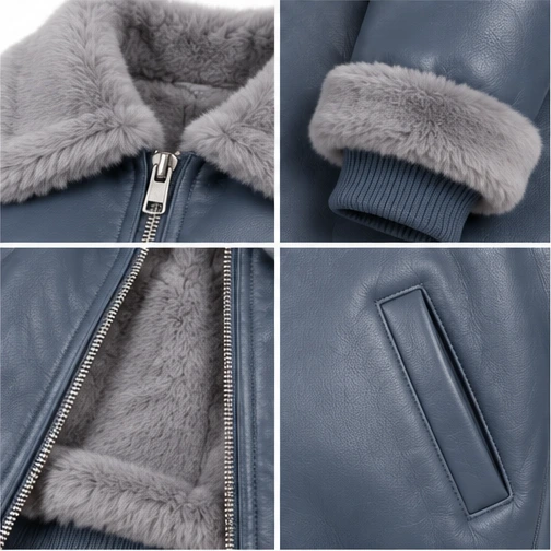 Women's Slate Blue Faux-Fur Sheep Leather Bomber Jacket manufacturing detail 5