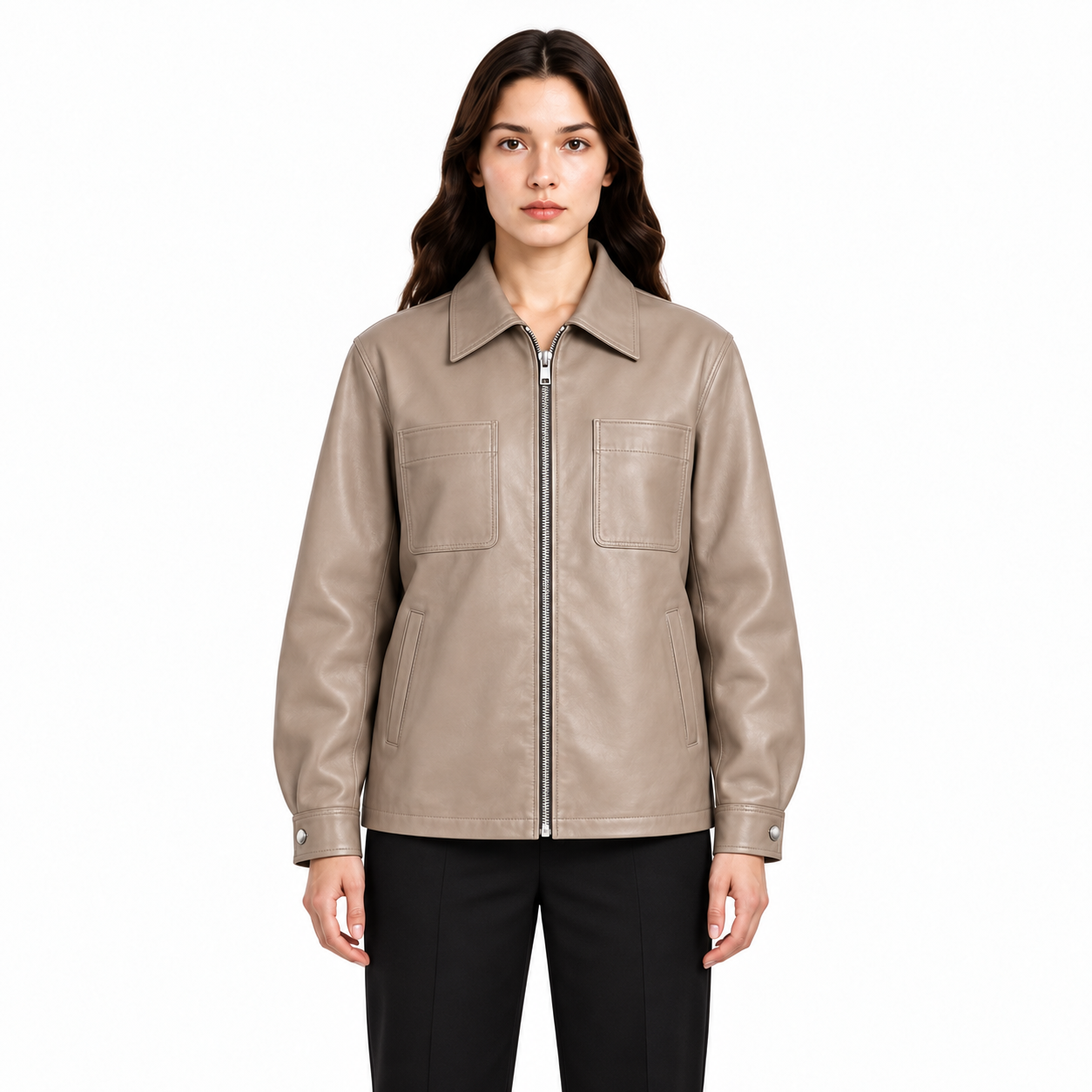 Women's Stone Leather Zip Shirt Jacket - Custom Leather Manufacturer Sialkot Pakistan