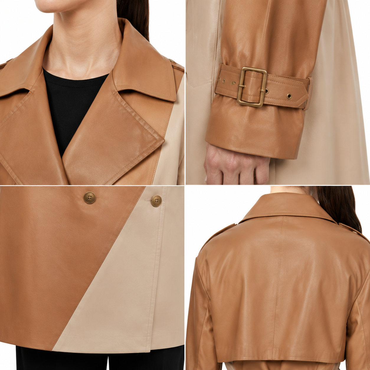 Women's Tan Beige Colorblock Leather Trench Coat manufacturing detail 4