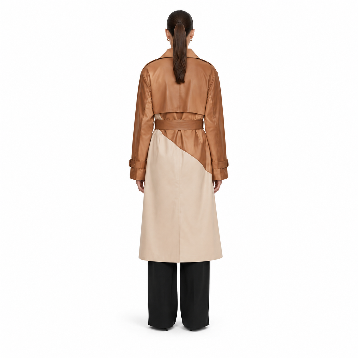 Women's Tan Beige Colorblock Leather Trench Coat manufacturing detail 2