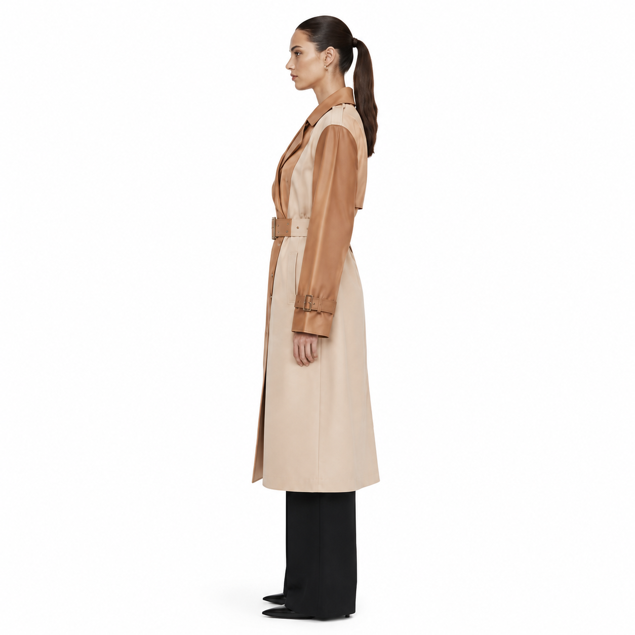 Women's Tan Beige Colorblock Leather Trench Coat manufacturing detail 3
