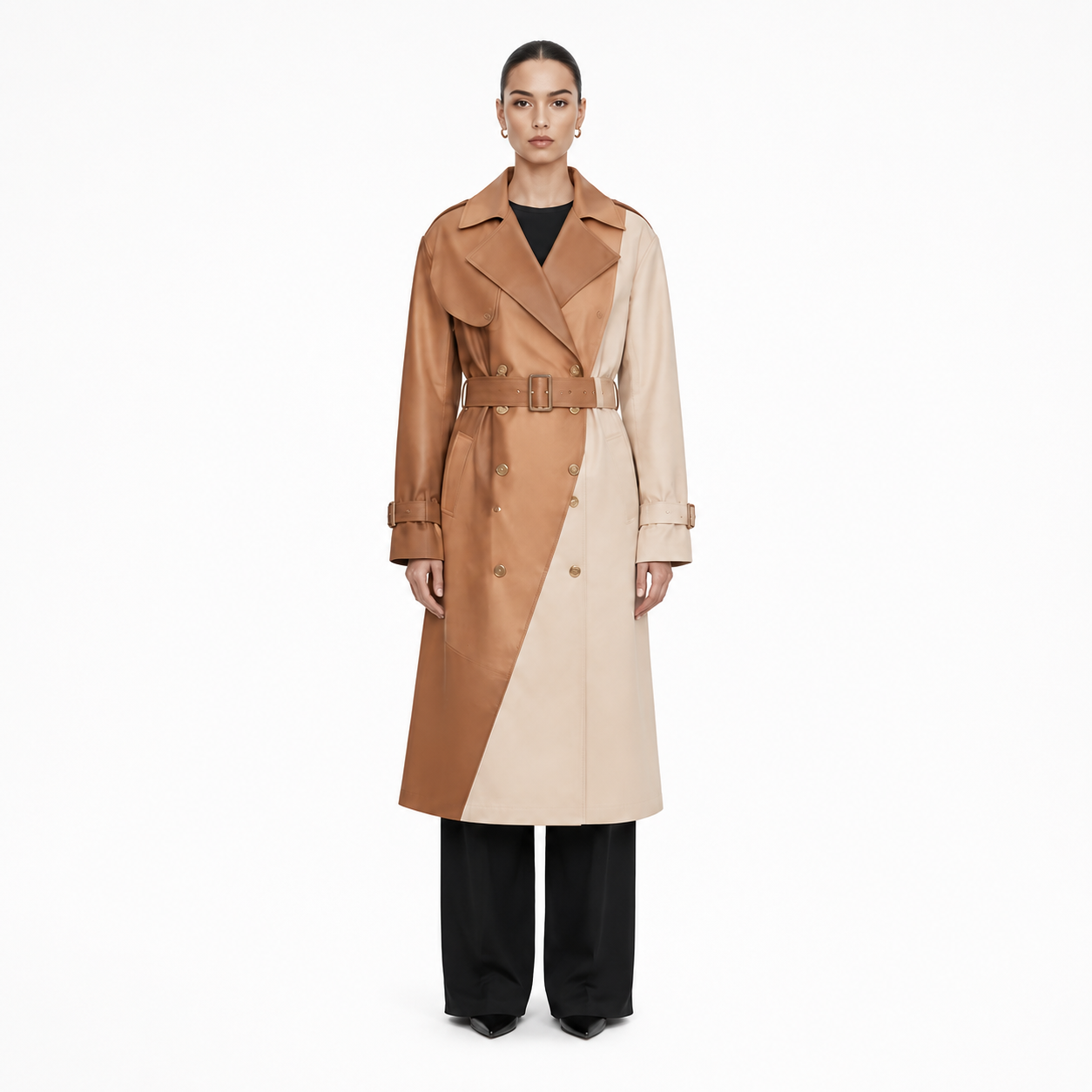 Women's Tan Beige Colorblock Leather Trench Coat - Custom Leather Manufacturer Sialkot Pakistan