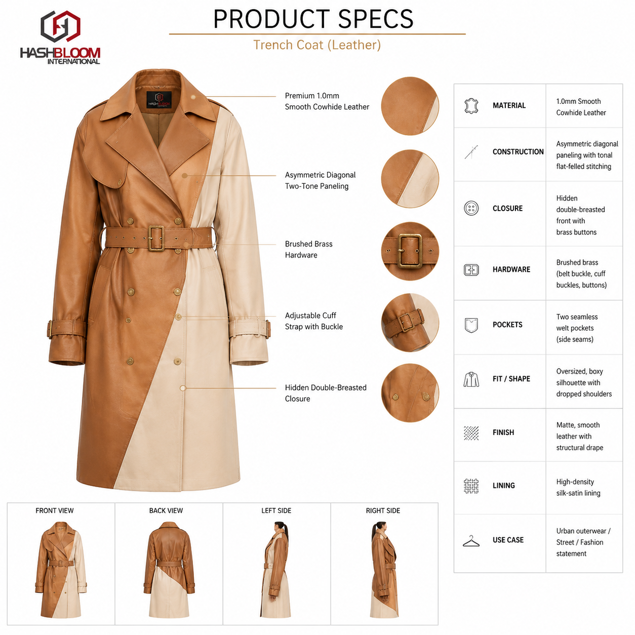 Women's Tan Beige Colorblock Leather Trench Coat manufacturing detail 5