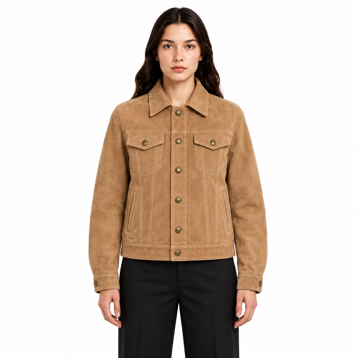 Women's Tan Suede Leather Trucker Jacket - Custom Leather Manufacturer Sialkot Pakistan