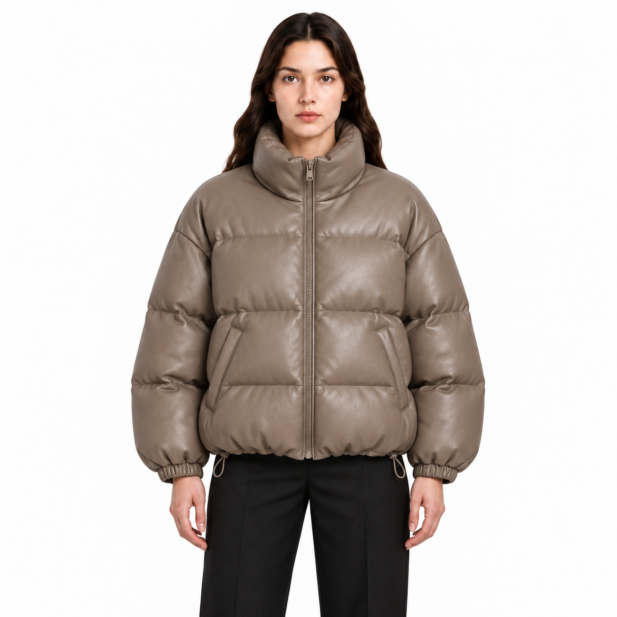 Women's Taupe Oversized Sheep Leather Bubble Jacket