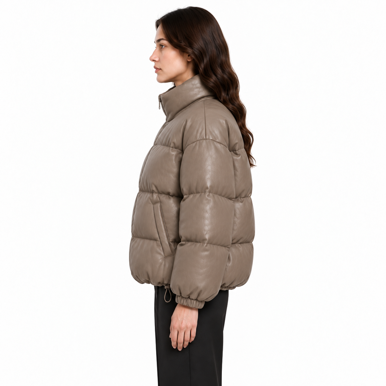 Women's Taupe Oversized Sheep Leather Bubble Jacket manufacturing detail 3