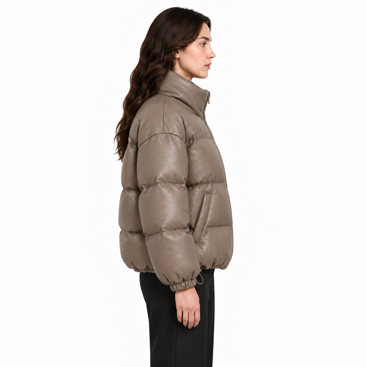 Women's Taupe Oversized Sheep Leather Bubble Jacket manufacturing detail 4