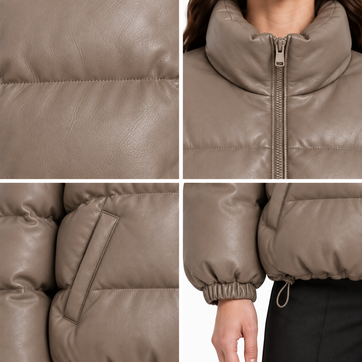 Women's Taupe Oversized Sheep Leather Bubble Jacket manufacturing detail 5
