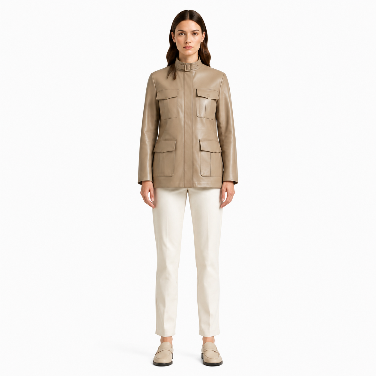 Women's Taupe Safari Leather Utility Jacket - Custom Leather Manufacturer Sialkot Pakistan