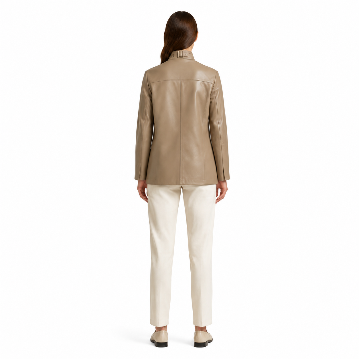 Women's Taupe Safari Leather Utility Jacket manufacturing detail 2
