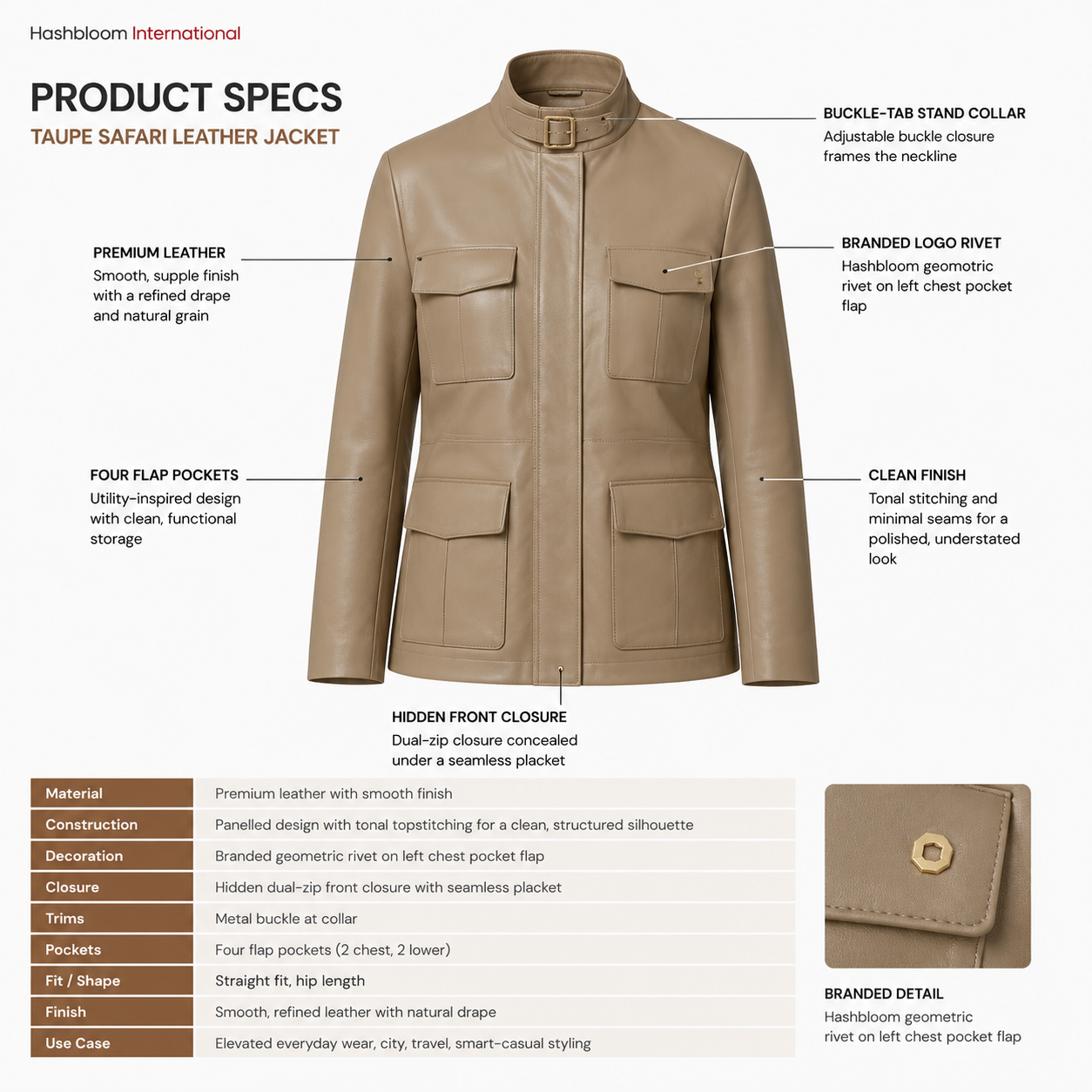 Women's Taupe Safari Leather Utility Jacket manufacturing detail 5