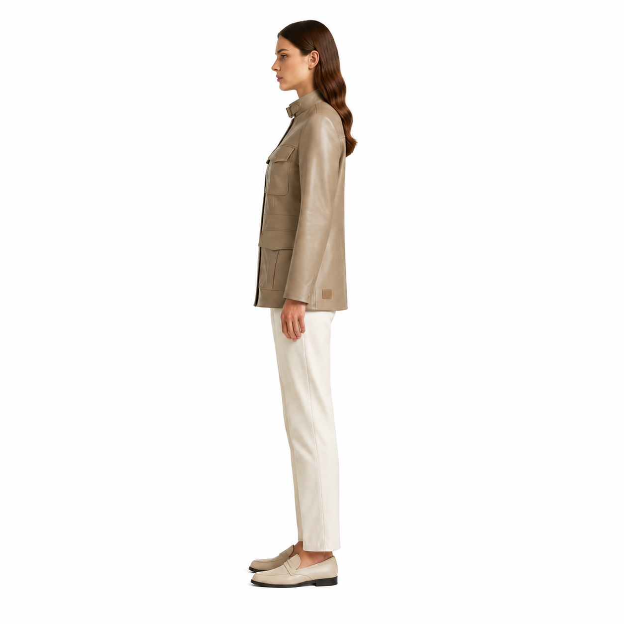 Women's Taupe Safari Leather Utility Jacket manufacturing detail 3