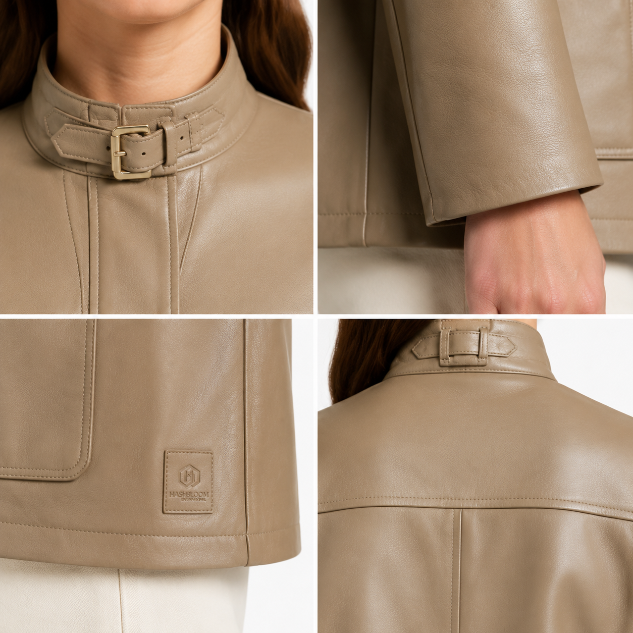 Women's Taupe Safari Leather Utility Jacket manufacturing detail 4