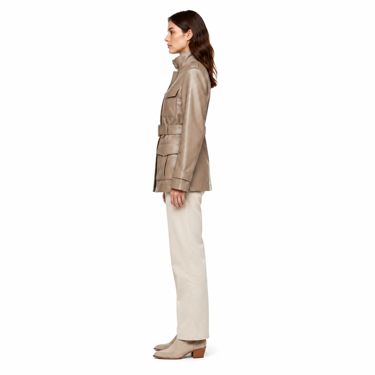 Women's Taupe Sheep Nappa Belted Field Jacket manufacturing detail 3