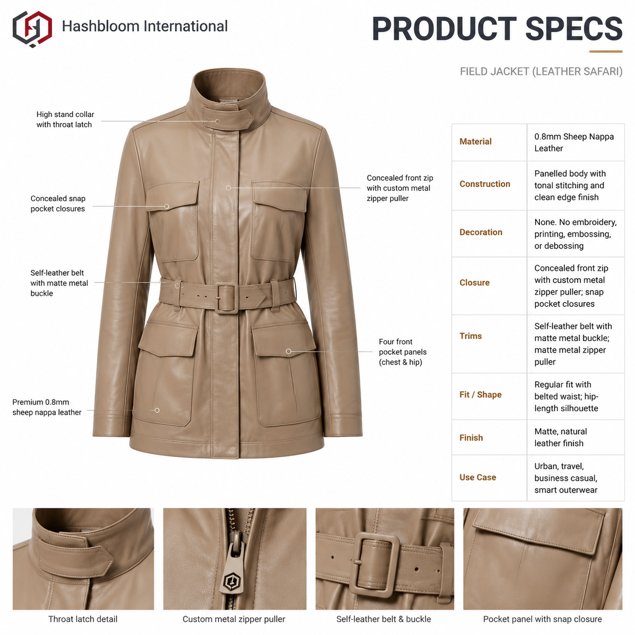 Women's Taupe Sheep Nappa Belted Field Jacket manufacturing detail 5