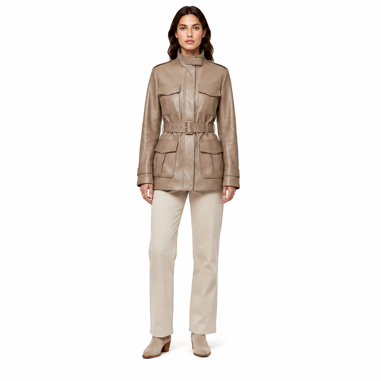 Women's Taupe Sheep Nappa Belted Field Jacket - Custom Leather Manufacturer Sialkot Pakistan