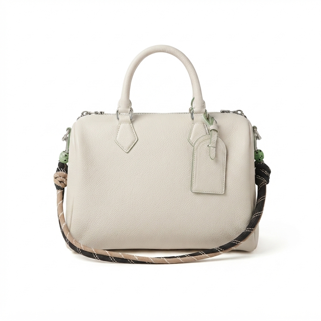 Women's White Pebbled Leather Boston Handbag with Woven Strap - Custom Leather Manufacturer Sialkot Pakistan