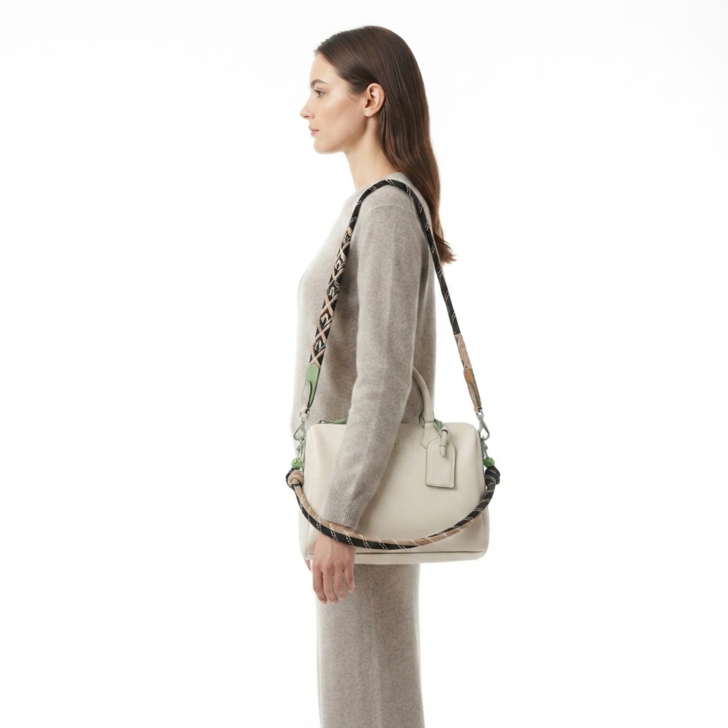 Women's White Pebbled Leather Boston Handbag with Woven Strap manufacturing detail 2